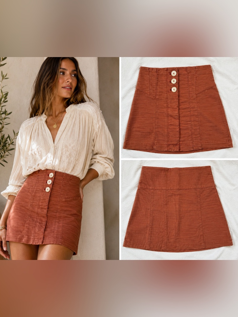 Free People Every Minute Every Hour Terra Cotta Button Front Mini Skirt Size 8